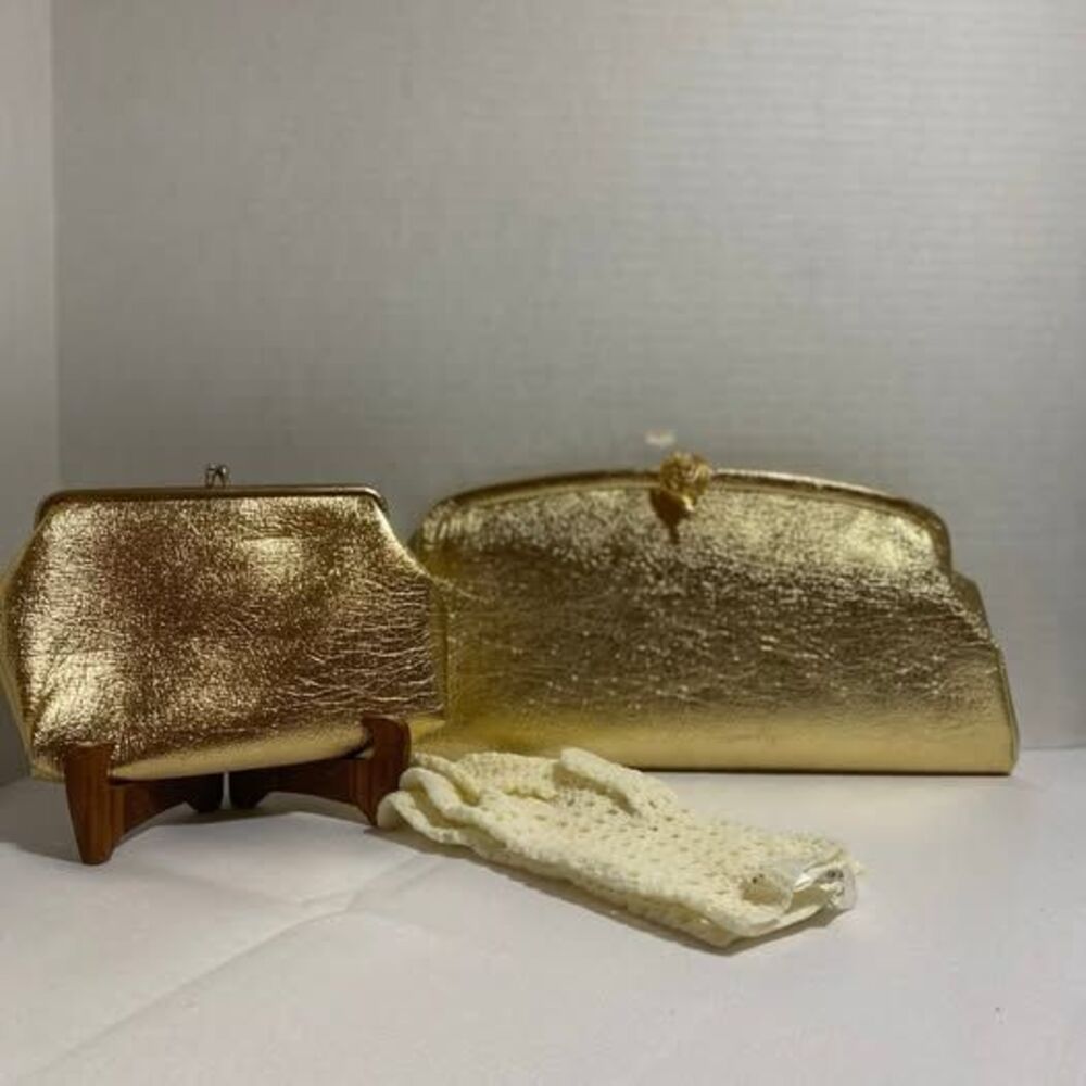 Bundle Lot Vintage Purse Set Metallic gold clutch, large coin purse & gloves